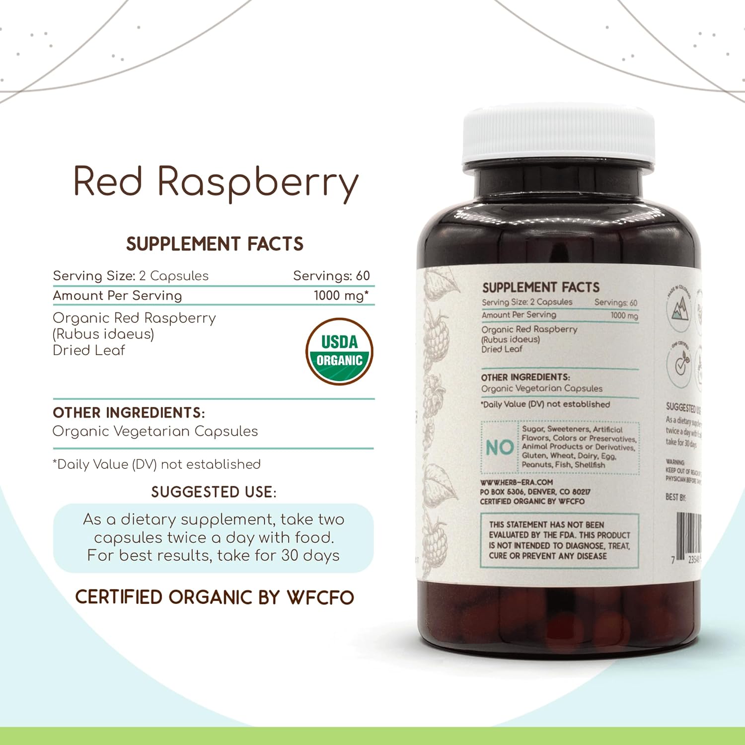 HerbEra Red Raspberry USDA Organic 120 Capsules | Natural Herbal Supplement | Certified Organic Vegetarian Capsules and Organic Red Raspberry (Rubus idaeus) Dried Leaf (120 Capsules) - Image 3