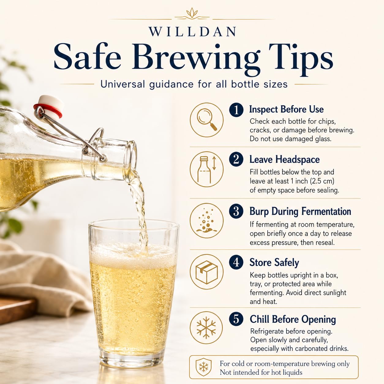 WILLDAN Juego de 12 botellas de vidrio de 8.5 onzas con tapa abatible para kombucha, kéfir, extracto de vainilla, cerveza, tapas herméticas y tapas a prueba de fugas, juntas y embudo adicionales