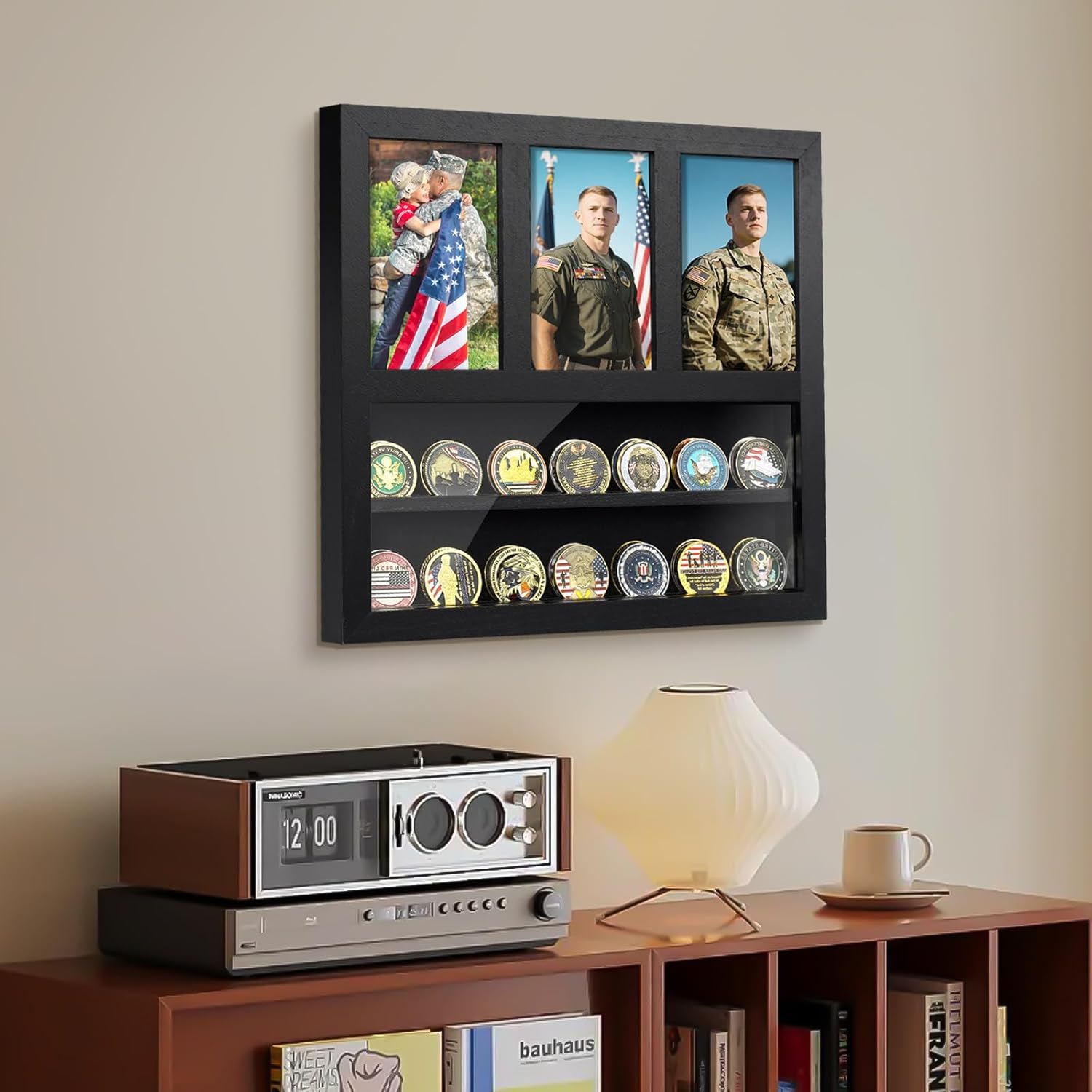 Miratino Challenge Coin Display Stand, Challenge Coin Holder with Photo Frame Holds Three 6x4 Inch Photos, Rustic Solid Wood Coin Holds 30 Coins,Gift for Collectors (Black)