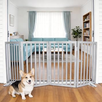 Dog Gate Indoor, Freestanding Dog Fence for The House, Doorways, Hallways,or Stairs,Pet Gate Foldable Wooden,Expandable 32" Height 4 Panels,Grey