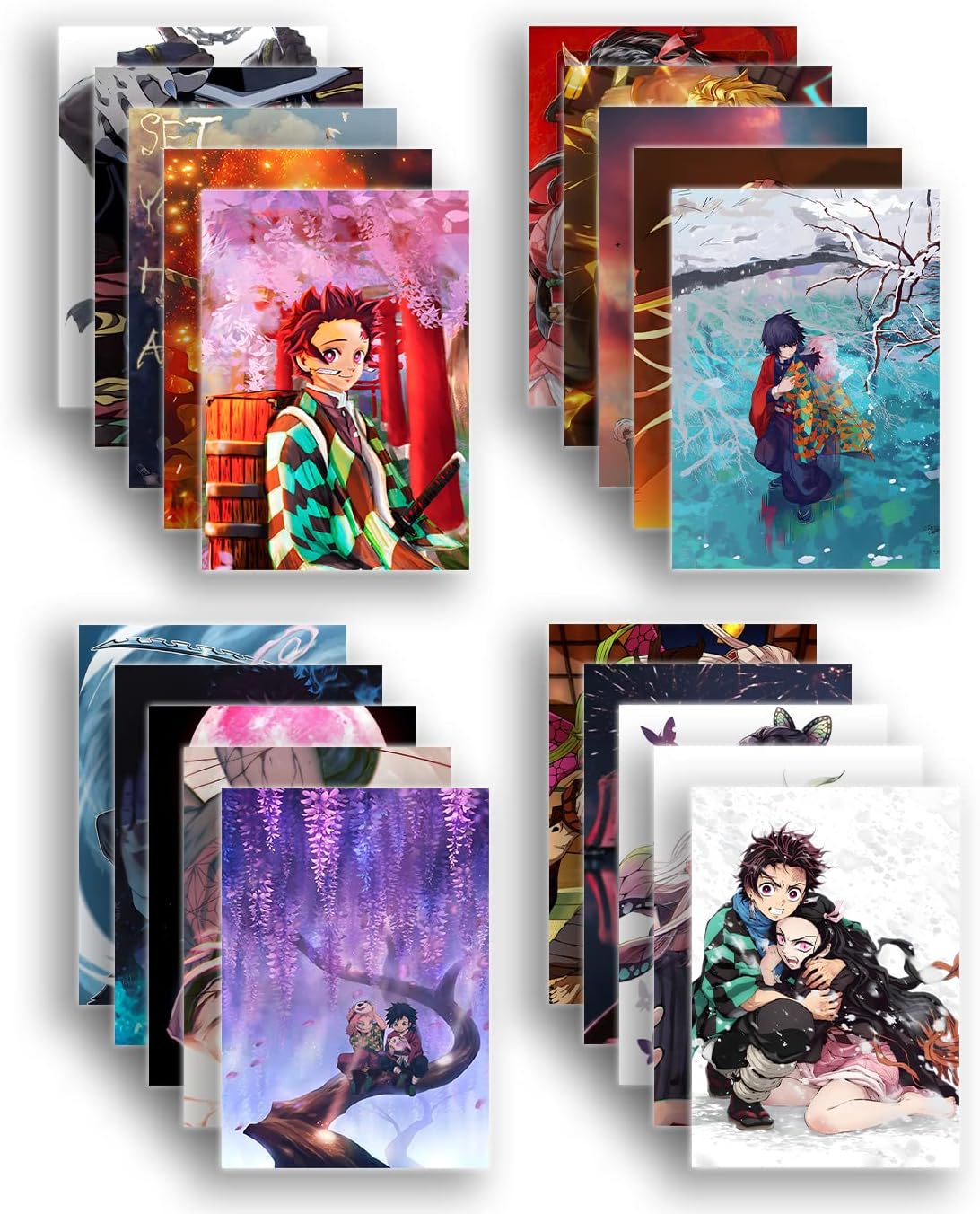 SoulAbiti 20 Pack Anime Posters (Tanjiro, Giyu, Nezuko, Zenitsu, Inosuke, Shinobu, Rengoku, Daki, Akaza and more) with Double-Sided Tape A4 Size, Multicolor, Anime Wall Poster
