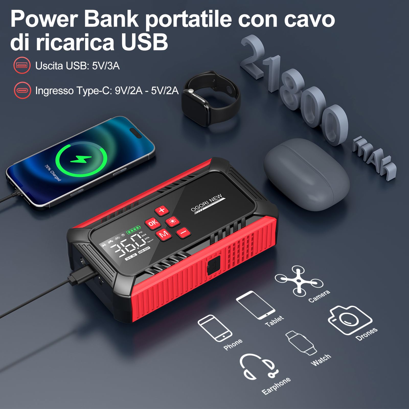 Avviatore Batteria Auto 6000A,Booster Avviamento Auto con 150PSI Compressore Aria,12V Starter Batteria Auto Portatile (8.0L Diesel/10.0L Benzina),Jump Starter Auto con Torcia a LED, Display LCD