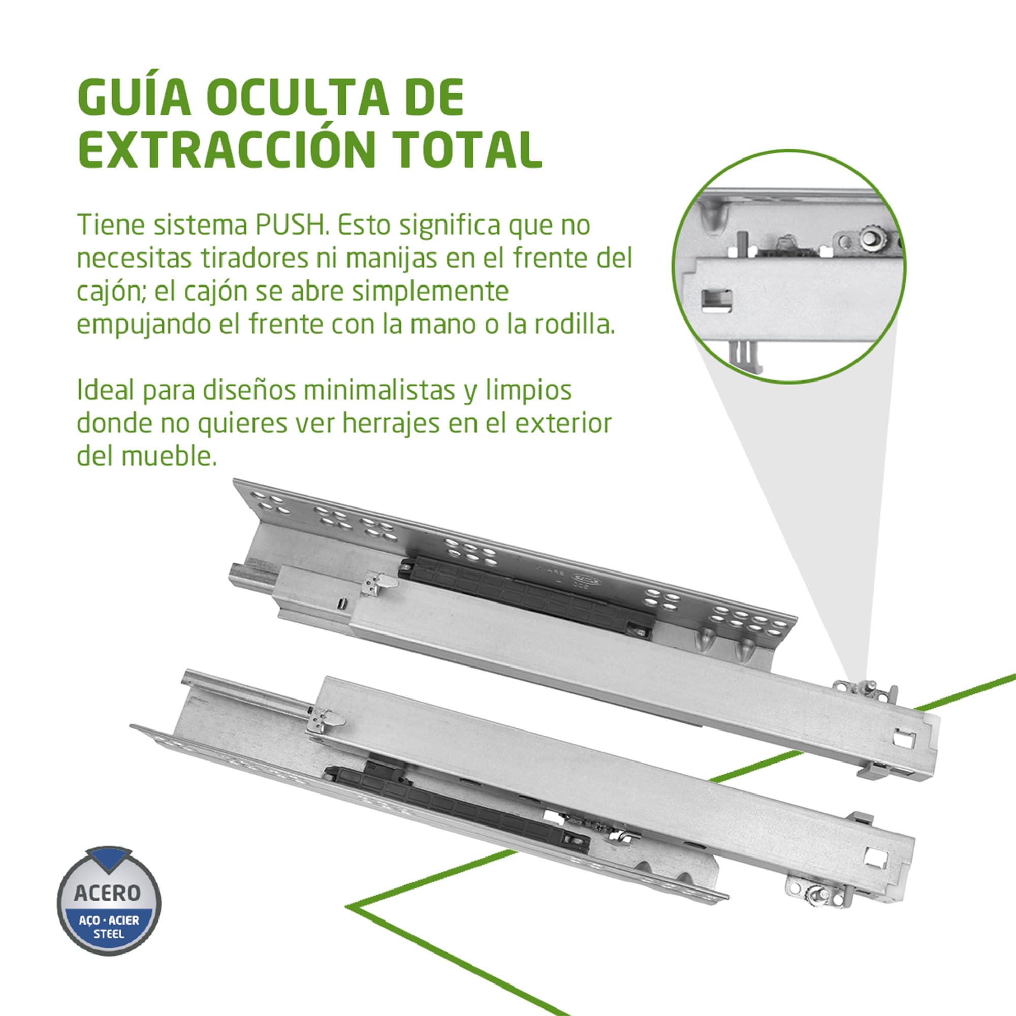 Amig - Juego de 2 guías Correderas Mod.45 de Acero Zincado para Cajones de Muebles, Cajoneras o Armarios, Autocierre y Apertura Push, Resistencia: 25 Kg/Par, Plateado, Medidas: 400 mm