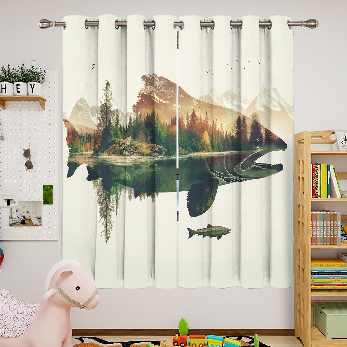 Rusticd Fish Blackout Curtains for Girls Boy Home Decor, Retro Salmon Vintage Fishing Forest River Grommet Thermal Insulated Drapes Darkening Window Curtain for Bedroom Living Room, 42 x 45 Inch