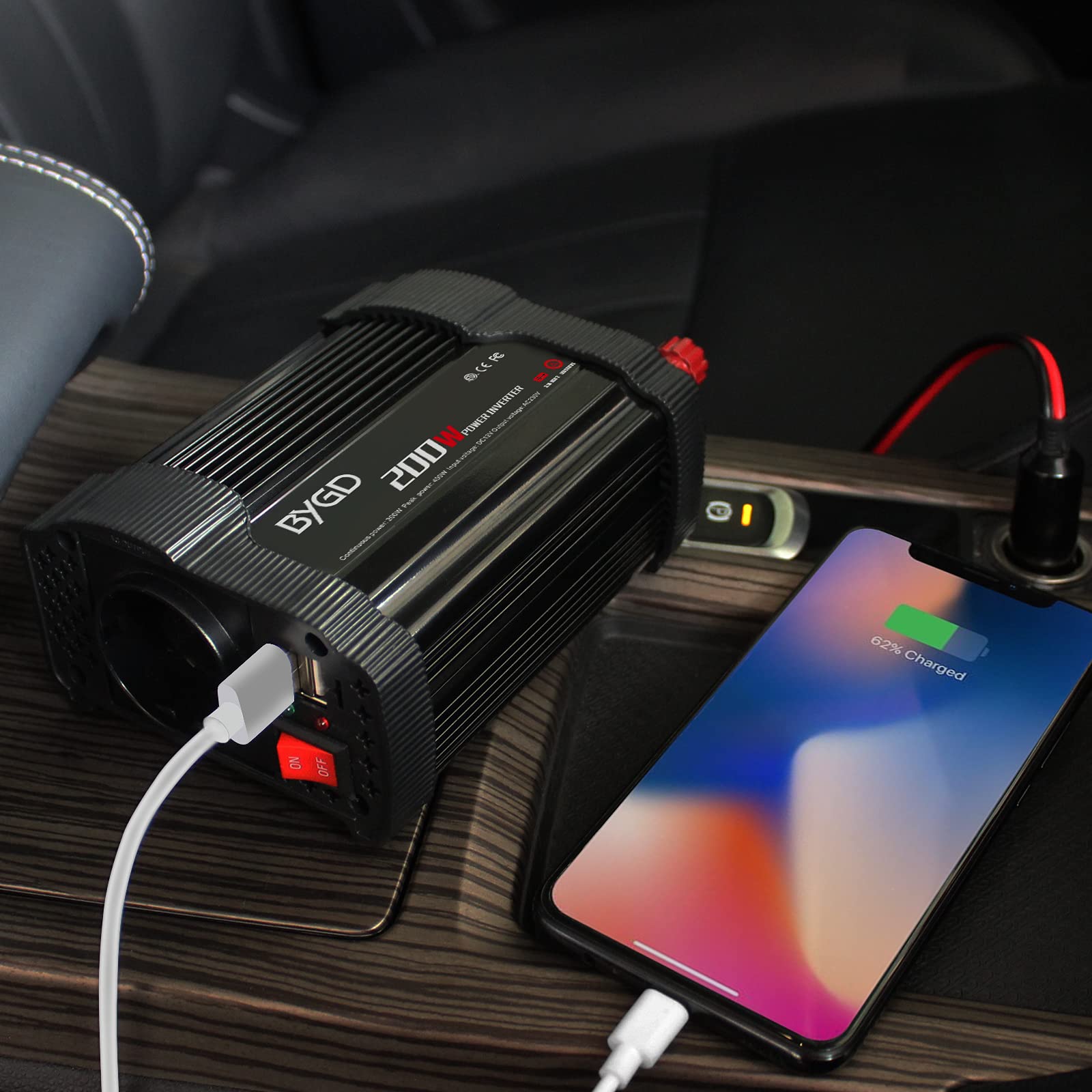 200W Inverter 12v 230V Onda Pura,Invertitore Corrente per Veicoli con Accendisigari e Clip Batteria,di Corrente con 2 Porte USB, per Automobile, Auto Camper e Computer-Nera