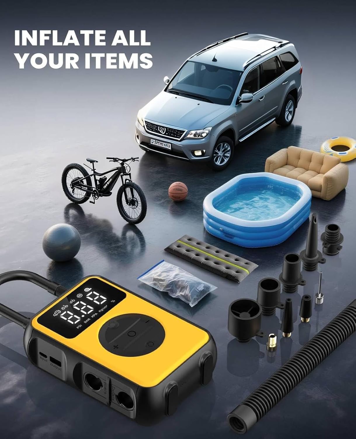 Tire Inflator Portable Air Compressor Cordless with Pressure Gauge and Auto Shut-Off Function, 2-in-1 Air Pump - 150 PSI for Car Bike Tires & 4.0 kPa for Air Mattresses and Inflatables - Image 4