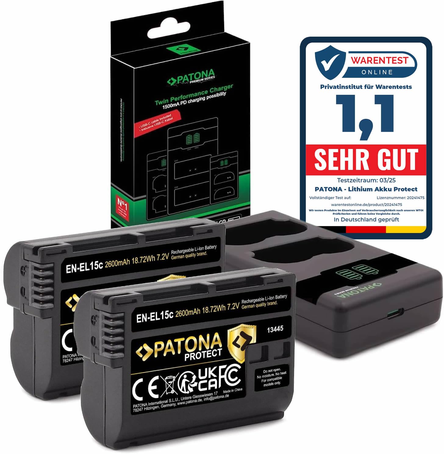 PATONA Set 2X EN-EL15c Protect batería 2600mAh con Cargador PD Dual USB-C | Compatible: Nikon 1 V1, D7000, D7100, D7200, D7500, D600, D610, D750, D780, D800, D810, D850, Z6II, Z7 II