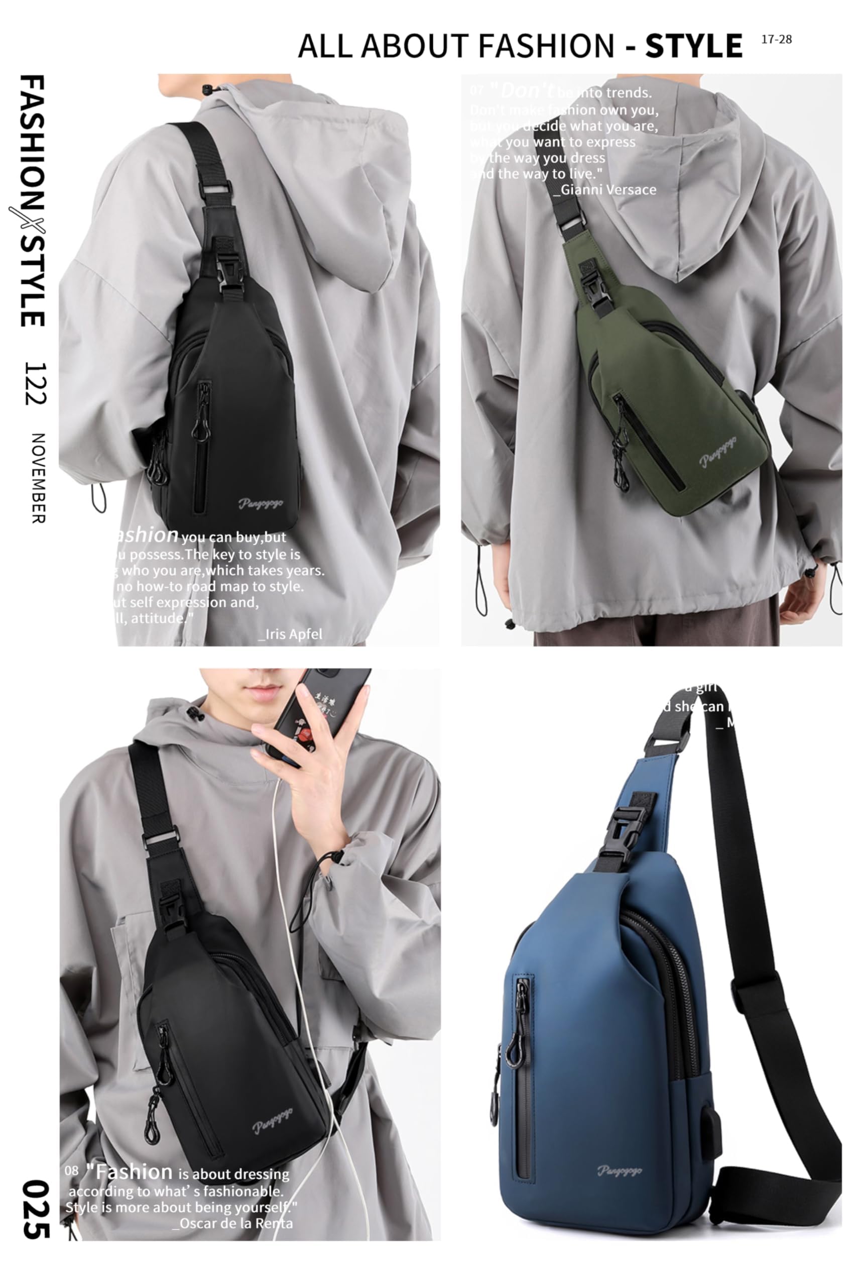Luminzo Torba na ramię męska, mała, lekka i wodoszczelna torba Sling Bag dla mężczyzn, torba na klatkę piersiową/torba crossbody na podróż, festiwal, na co dzień, na wędrówki i jazdę na rowerze