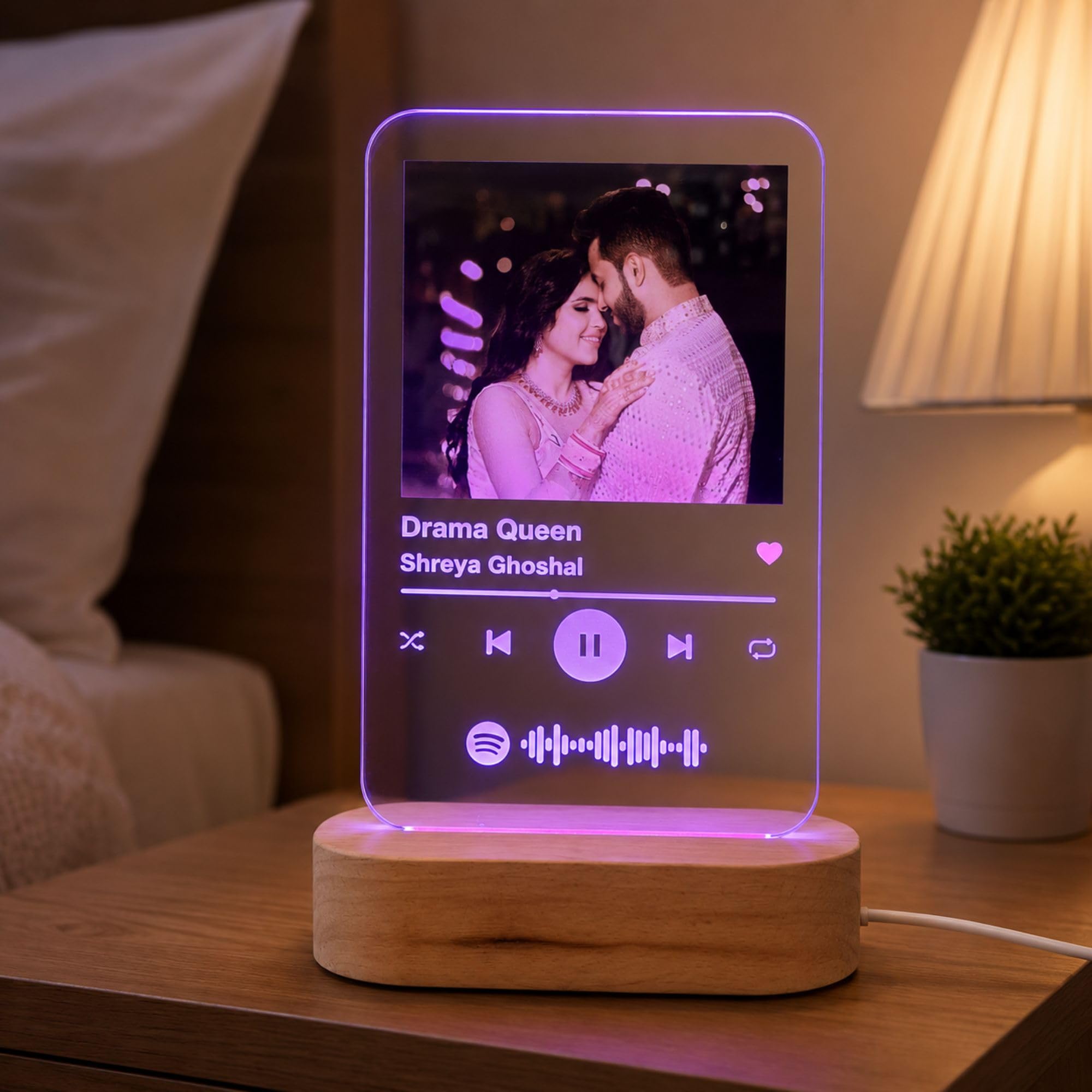 SHAYONA Acrylic Customized Photo and song Glass Spotify Plaque with wooden LED Light stand | Personalized Photo Music Frame with scannable code (Transparent, 6 x 9 Inches), Warm White brother sister gift 1