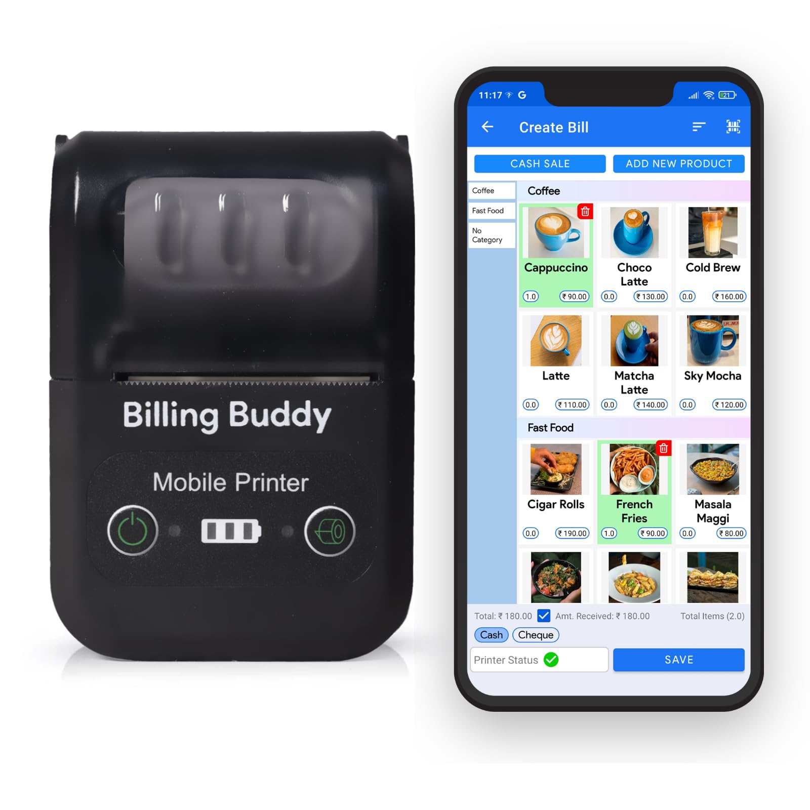 billing buddy bluetooth + usb thermal receipt printer 2 inch (58mm) with 1 month pos billing app premium