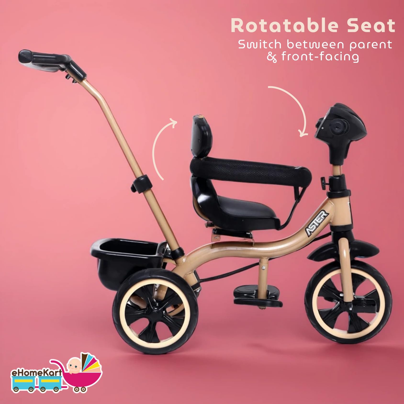Fun Ride Kids Aster Tricycle with 360 Rotatable Seat, Parental Control Handle for 1.5 to 5 Years - Musical Trike for Kids with Safety Handle for Boys and Girls (Beige) 4