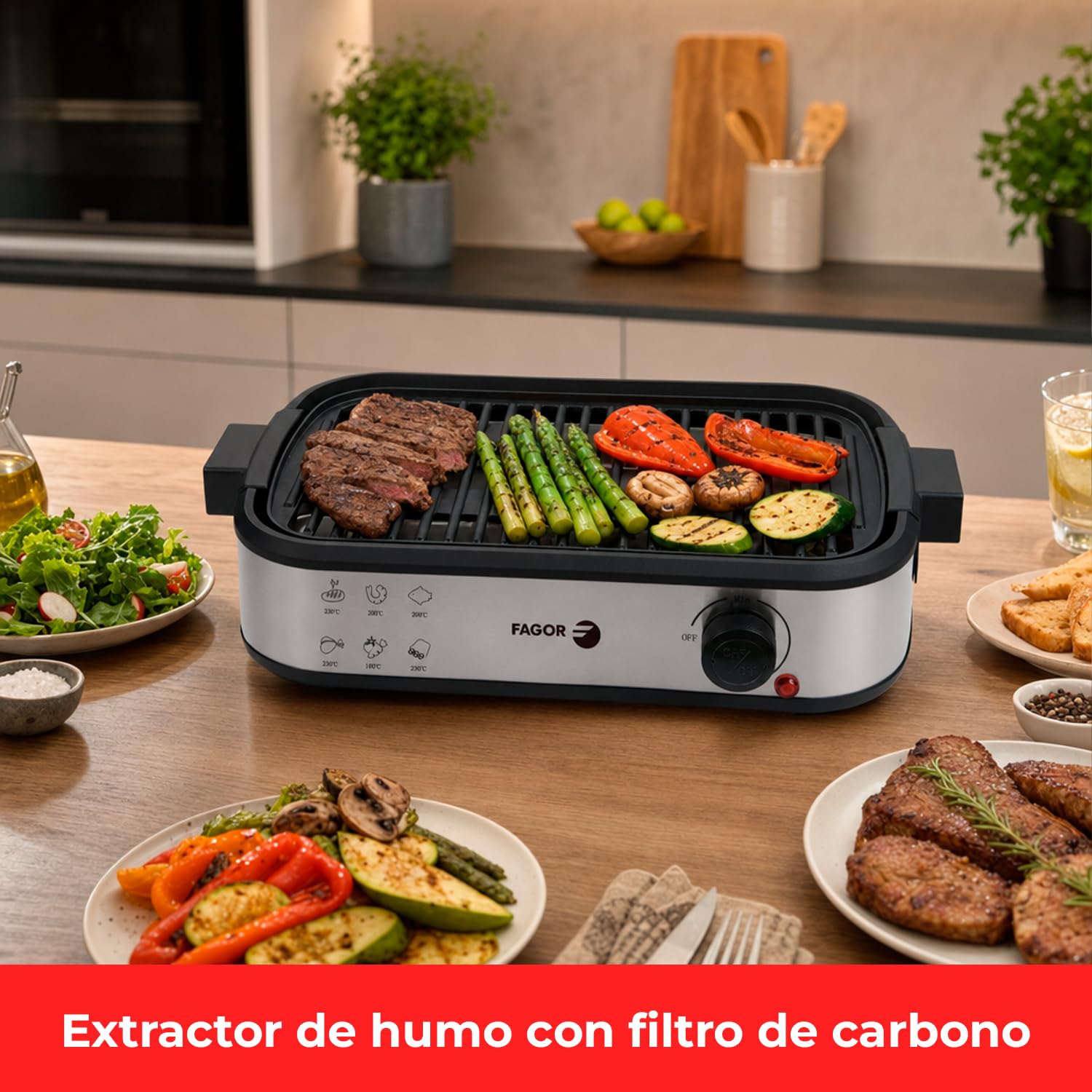FAGOR SmokeLess Plancha de Asar Eléctrica XL 2000 W con Extractor de Humos
