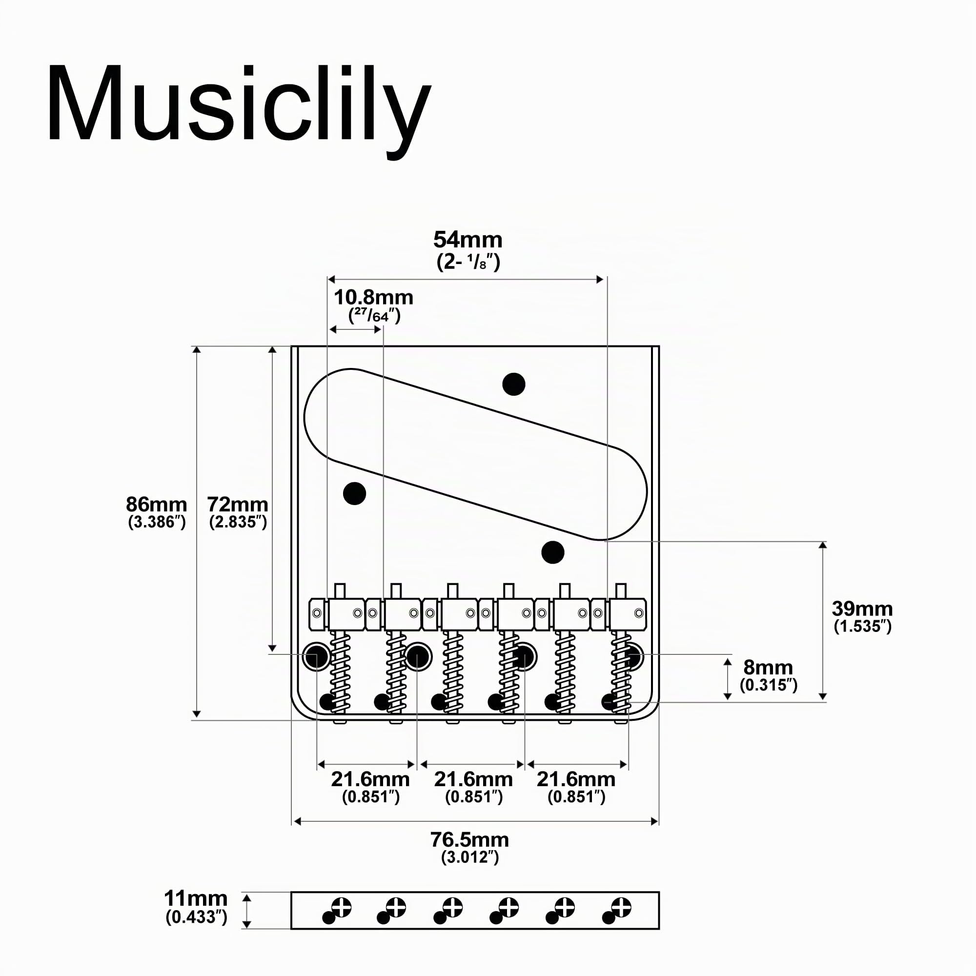 Musiclily Pro 54mm Vintage Puente Telecaster 6 Selletas Barril de Latón para Squier y Guitarra Eléctrica estilo Tele Importación, Cromado | Para guitarra eléctrica Squier e importación Tele Style