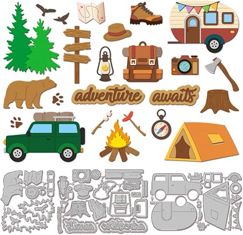 GLOBLELAND Troqueles de corte de camping para hacer tarjetas, carpa de coche, troqueles para manualidades, álbumes de recortes, diario, papel de