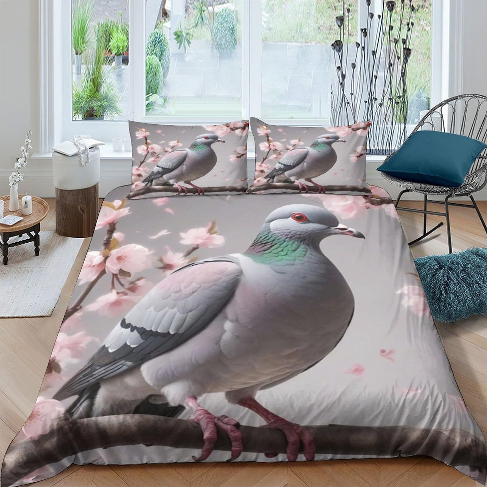 Ctjqhvkz Style-4 3D Printed Cherry Blossom Dove Fitted Sheet Microfiber Soft Grey Bird Mattress Cover For Bedroom Dorm Home Decor Single（135X200cm）
