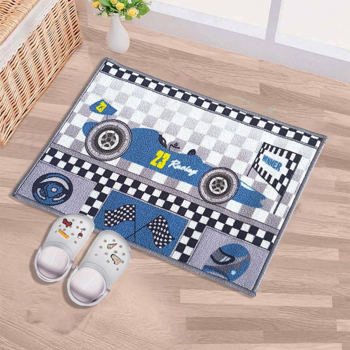 Kids Racing Car Design Floor Mat, 40x60 cm, Blue Grey | Nylon Tufted Gel Baking Anti-Slip | Home School Doormat | Children Play Room Entrance & Child Bedroom | Checkered Pattern-image-29