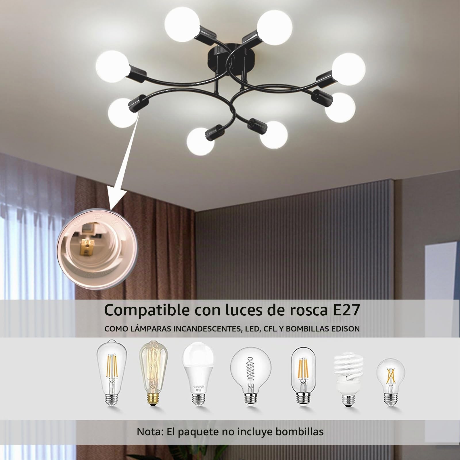 Lámparas de Techo Retro,8 Luces Plafon Sputnik E27 Negro | Lámpara de Araña,Lámparas de Techo industrialespara Dormitorio,Sala de Estar,Cocina,Comedor,Ø85CM(Sin Bombilla)