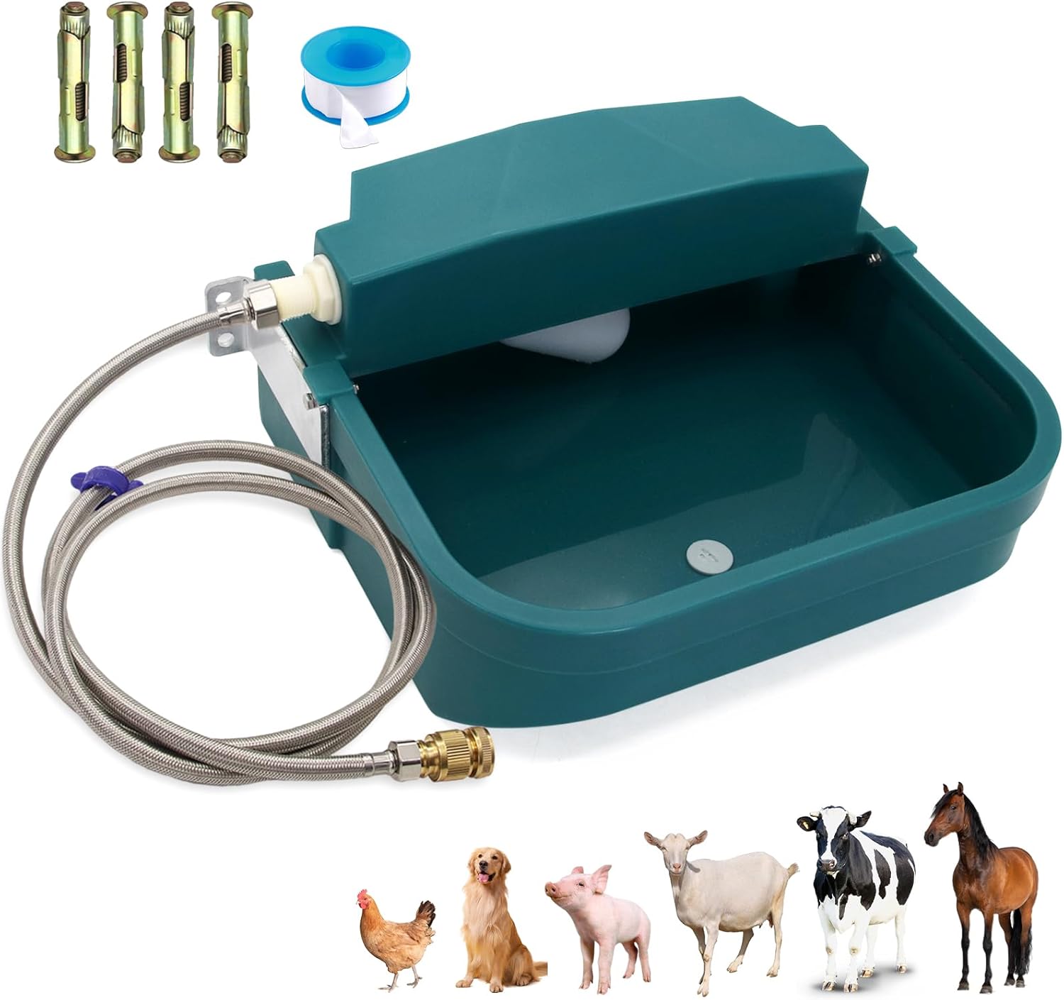 8L Automatic Animal Drinking Water Bowl with Float Valve & Drain Hole, Plastic Self Filling Livestock Water Trough,Large Outdoor Dog Water Dispenser for Chicken,Goat,Horse,Pig,Cow (Bowl&Pipe)