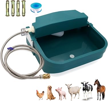 8L Automatic Animal Drinking Water Bowl with Float Valve & Drain Hole, Plastic Self Filling Livestock Water Trough,Large Outdoor Dog Water Dispenser for Chicken,Goat,Horse,Pig,Cow Bowl&Pipe