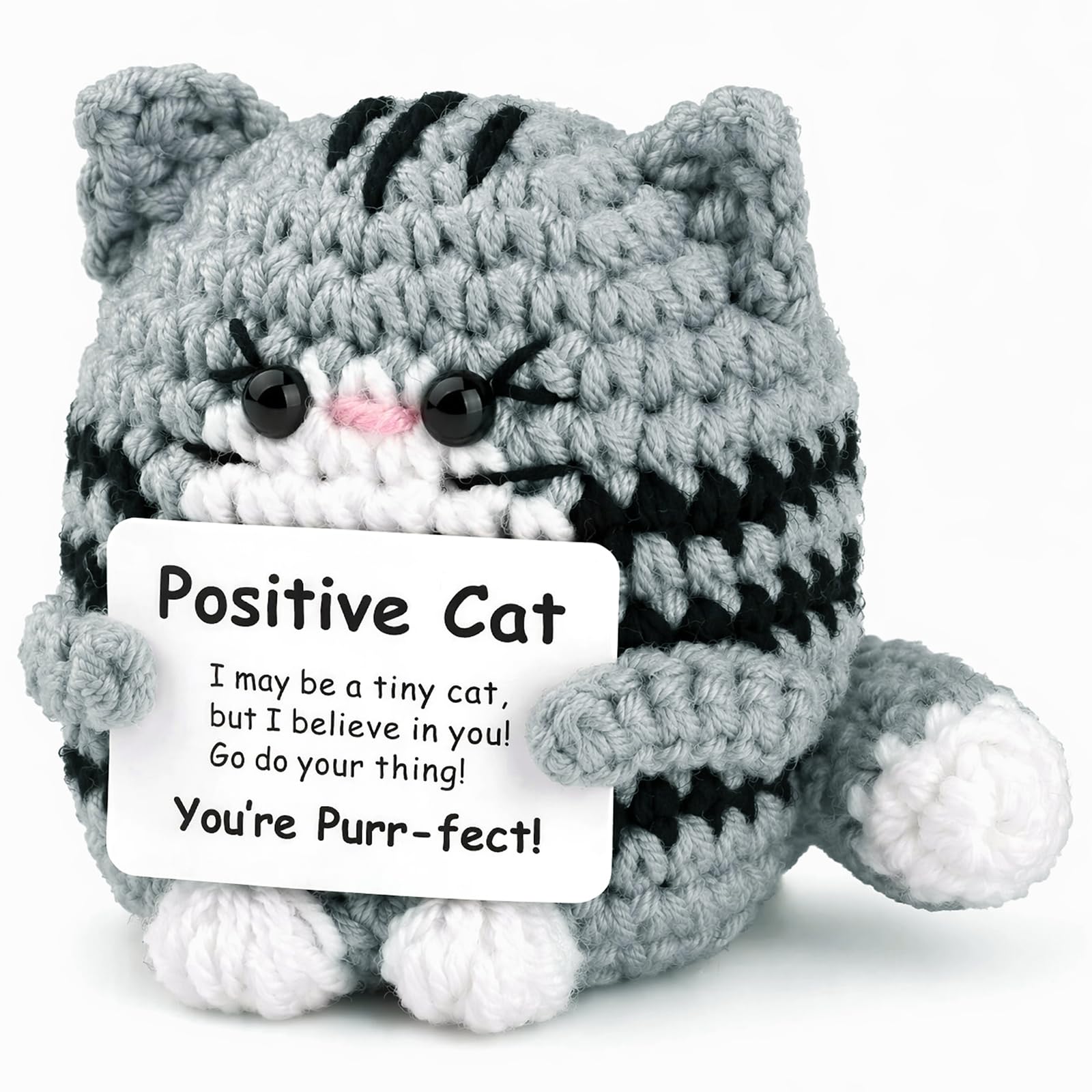 Positive Cat Crochet Animal Gifts, Inspirational Handmade Knitted Doll with Card, Emotional Support Gift Potato, Cute Motivational Crocheting Present for Women Men Friends Family Birthday (Grey)
