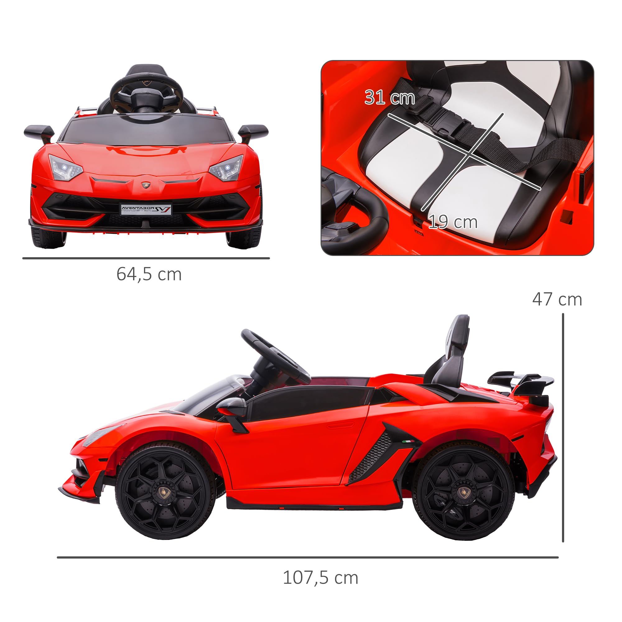 HOMCOM Samochód elektryczny dla dzieci Lamborghini Aventador SVJ Roadster 12 V, samochód dziecięcy z pilotem zdalnego sterowania 2,4 G, 2 silniki, pojazd dziecięcy z klaksonem MP3, muzyka, delikatny