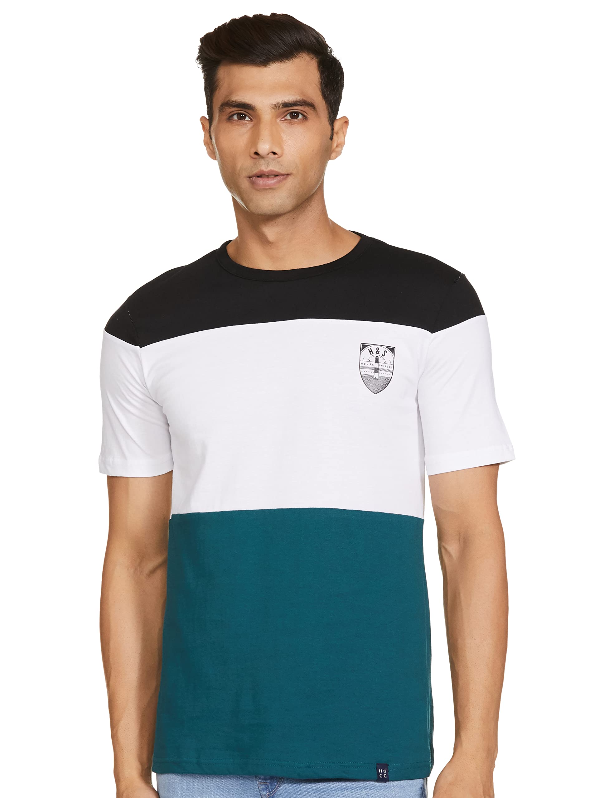 Amazon Brand - House & ShieldsMen's Regular T-Shirt (H&S-T-PAG369-D1-D_Jet Black&White M)