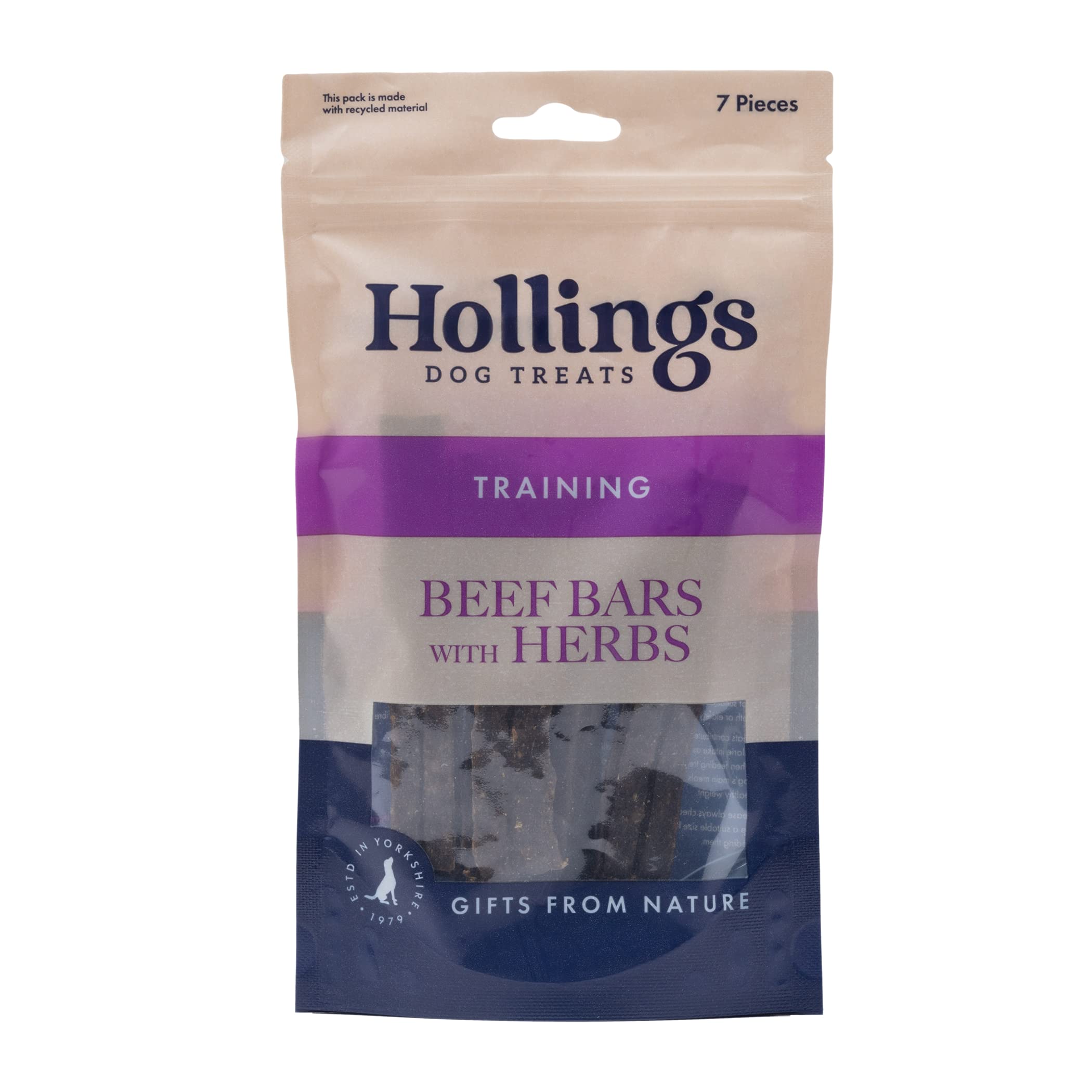 Hollings Barras de Carne de Res con Hierbas para Perros, masticables 100% Naturales y nutritivos para Perros Adultos, 100% sin Gluten y con Alto Contenido de proteínas, Paquete de 1 (7 Piezas)