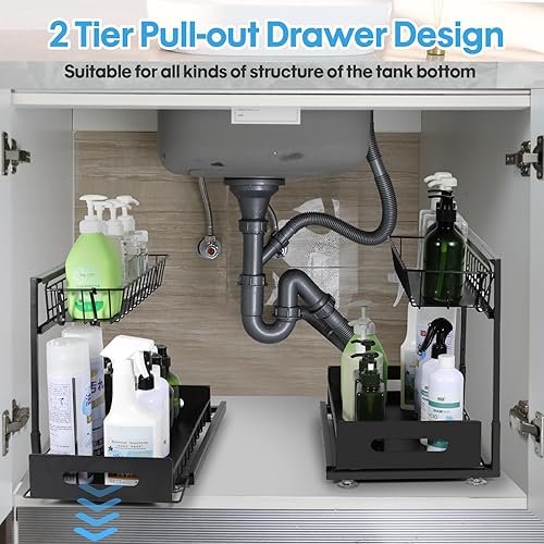 Miniatura 2 de Organizador para debajo del fregadero, organizador deslizante de 2 niveles, organizador de gabinete extraíble multiusos para debajo del fregadero,