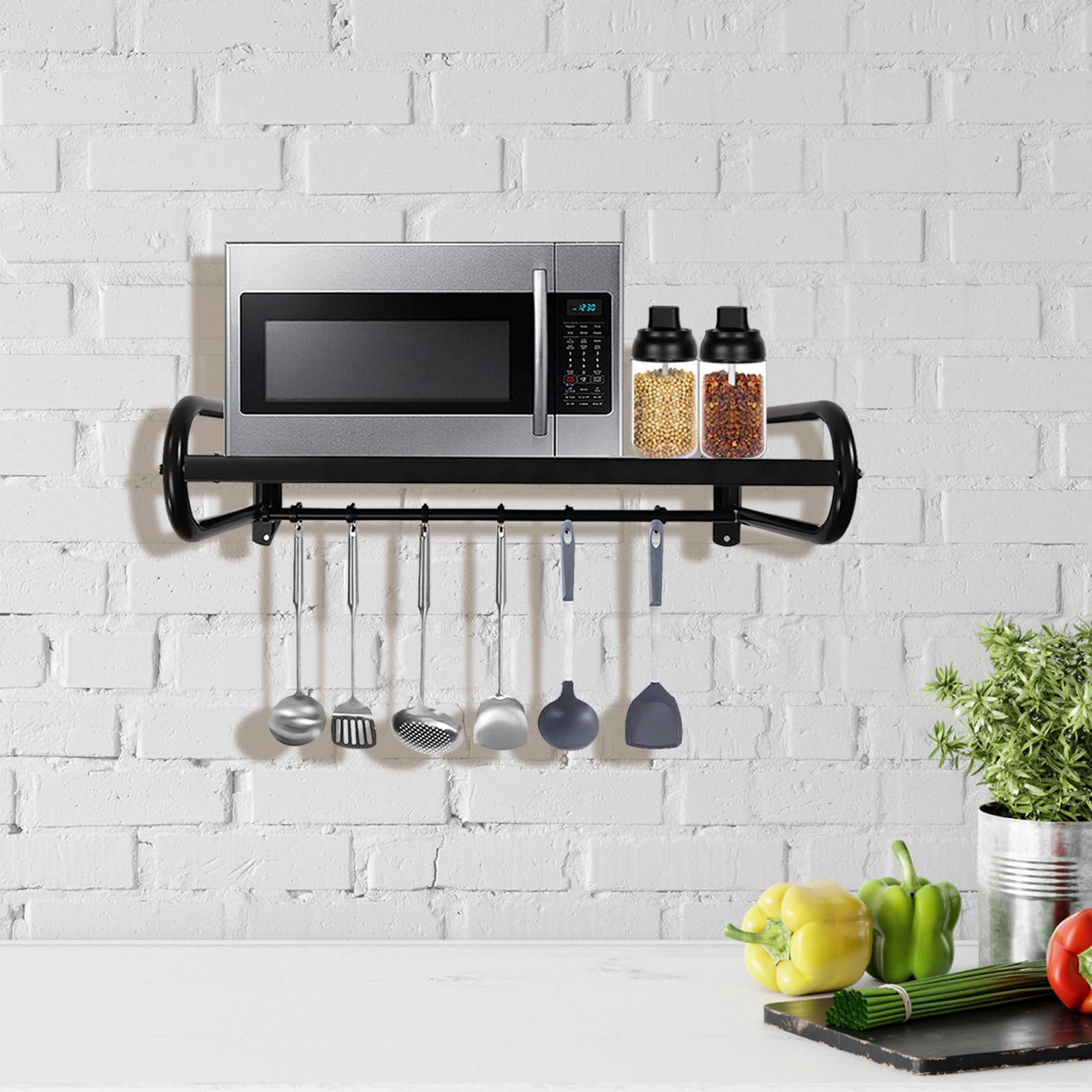 Estantería de pared para microondas, 6 ganchos, soporte para microondas, estante de pared de acero inoxidable, estante de pared para microondas, montaje adhesivo o montaje en taladro