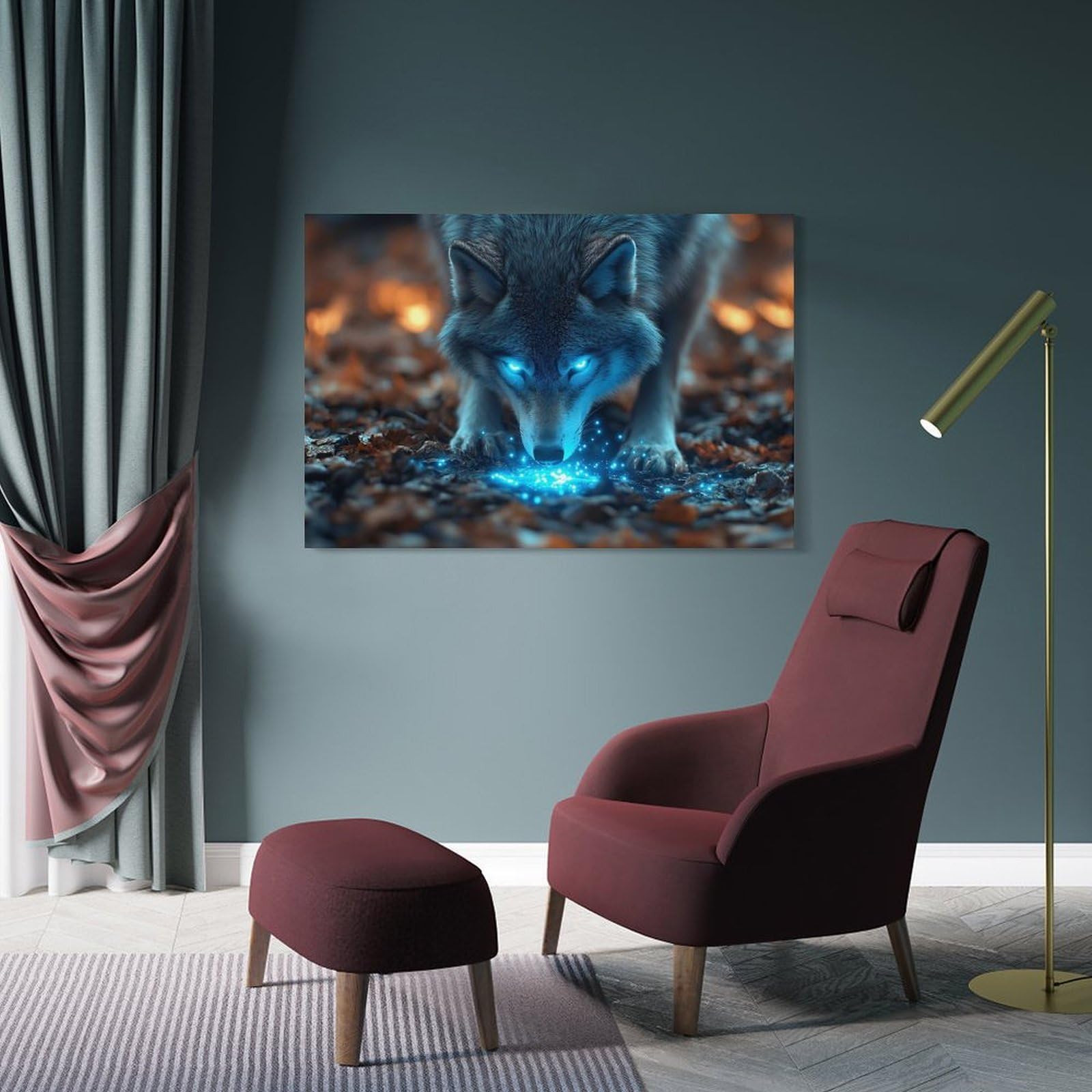 Junmoney Frame-Style-4 Canvas Art Print Glowing Wolf In Autumn Leaves, 08X12inch(20X30cm), For Home Office, Desk Area Or Studio, Wall Art That Adds Style To Work Areas