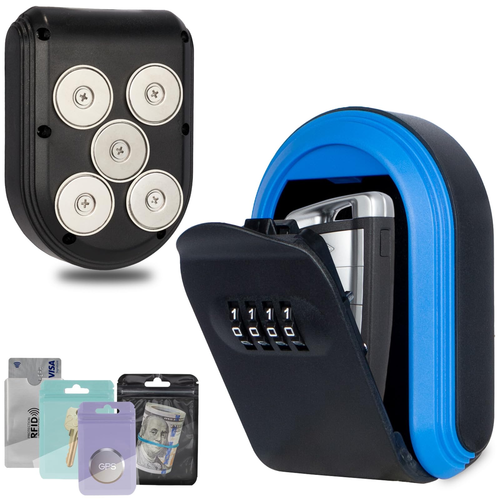 Magnetic Key Holder Under Car,Hide a Key Outside with Combination Lock box,Resettable Safe Security Code Lockbox with 5 Strong Magnets,Anti-drop Magnetic Box for Under Car,Indoor,Outdoor (Blue)