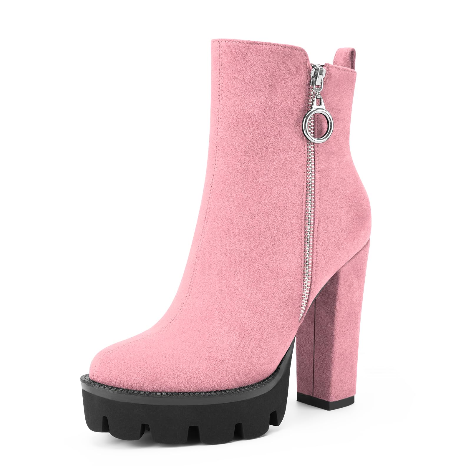 Oh Mispares Womens Platform Ankle Boots Round Toe Chunky Heel Suede Lug Sole Booties Zipper High Heeled Short