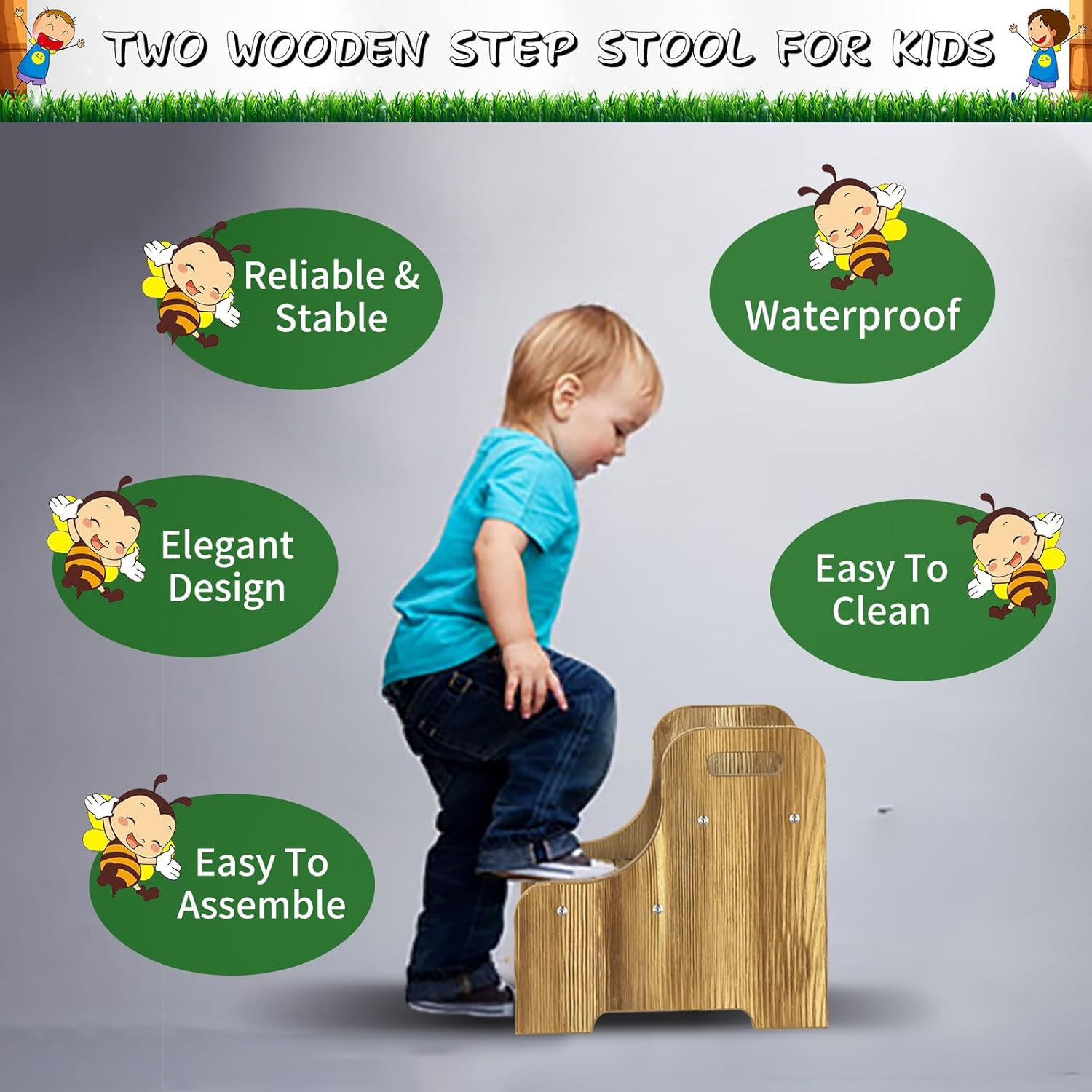 Wooden 2 Step Stool for Kids and Adults, Solid Wood Two-Step Stools for High Beds, Portable Stepping Stool with Non-Slip Pads for Kitchen/Bathroom (300LBs Capacity, 13.3" W)