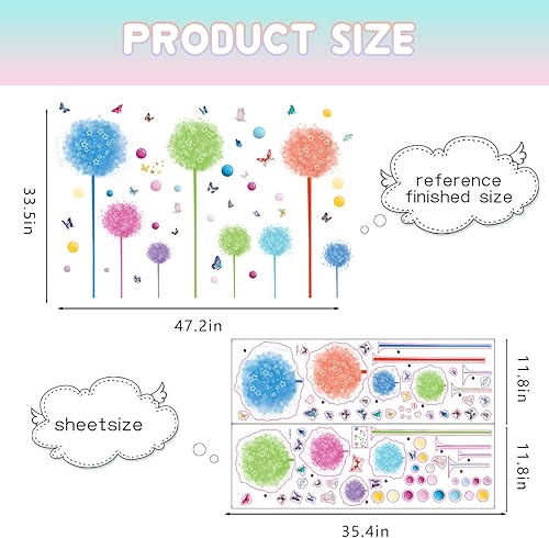 Miniatura 7 de Juego de 2 calcomanías de pared de flores silvestres de diente de león, calcomanías de arte para pared, diseño de mariposas florales, decoración