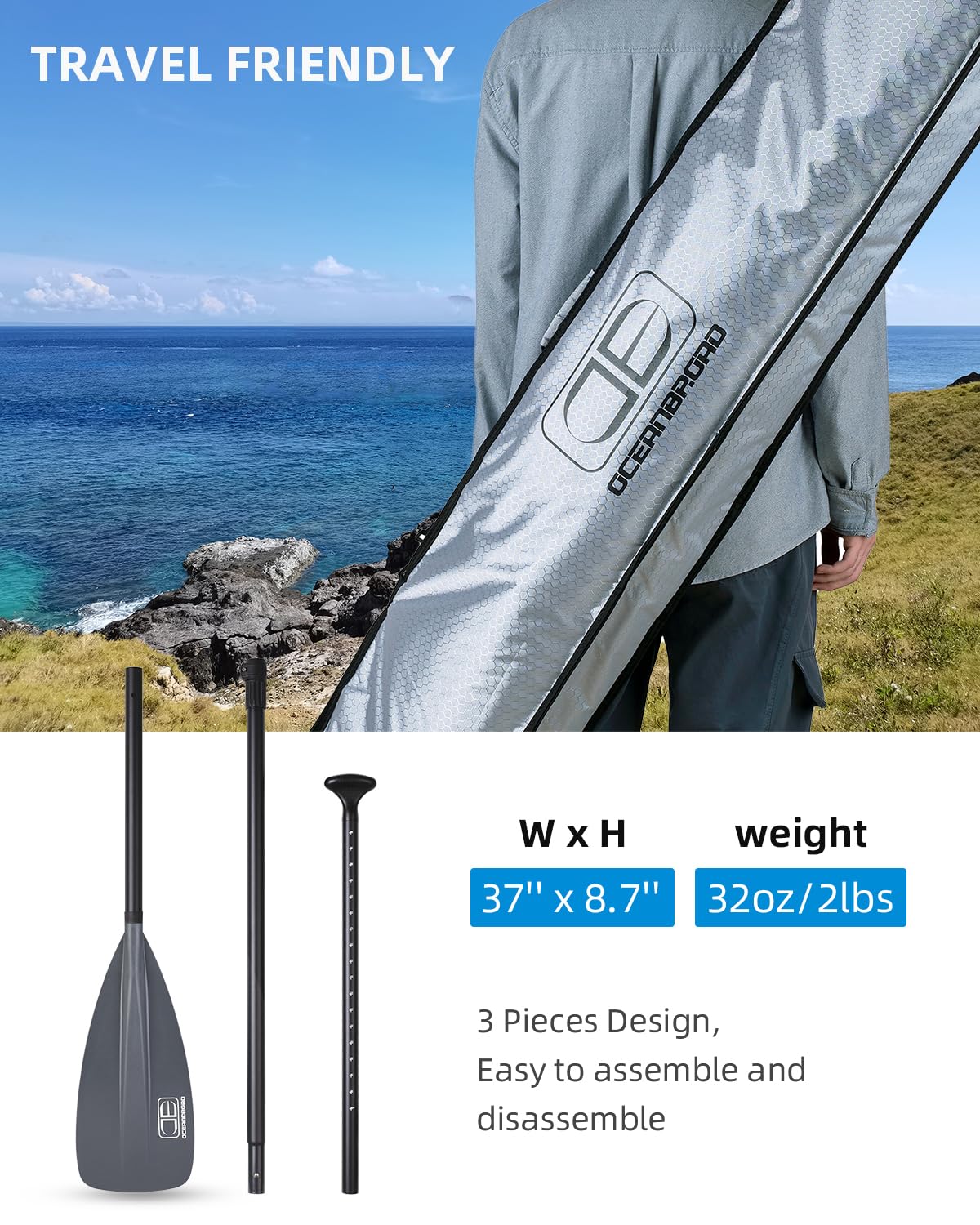 OCEANBROAD SUP-Paddel – verstellbares Stand-Up-Paddel für Paddleboard-Kajak, verstellbarer Schaft aus Aluminiumlegierung mit verstärkten Nylonklingen