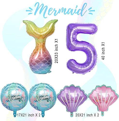 Miniatura 4 de Decoraciones de fiesta de cumpleaños de sirena, suministros de fiesta de cumpleaños de sirena, incluye cola de sirena y globos morados del número 5