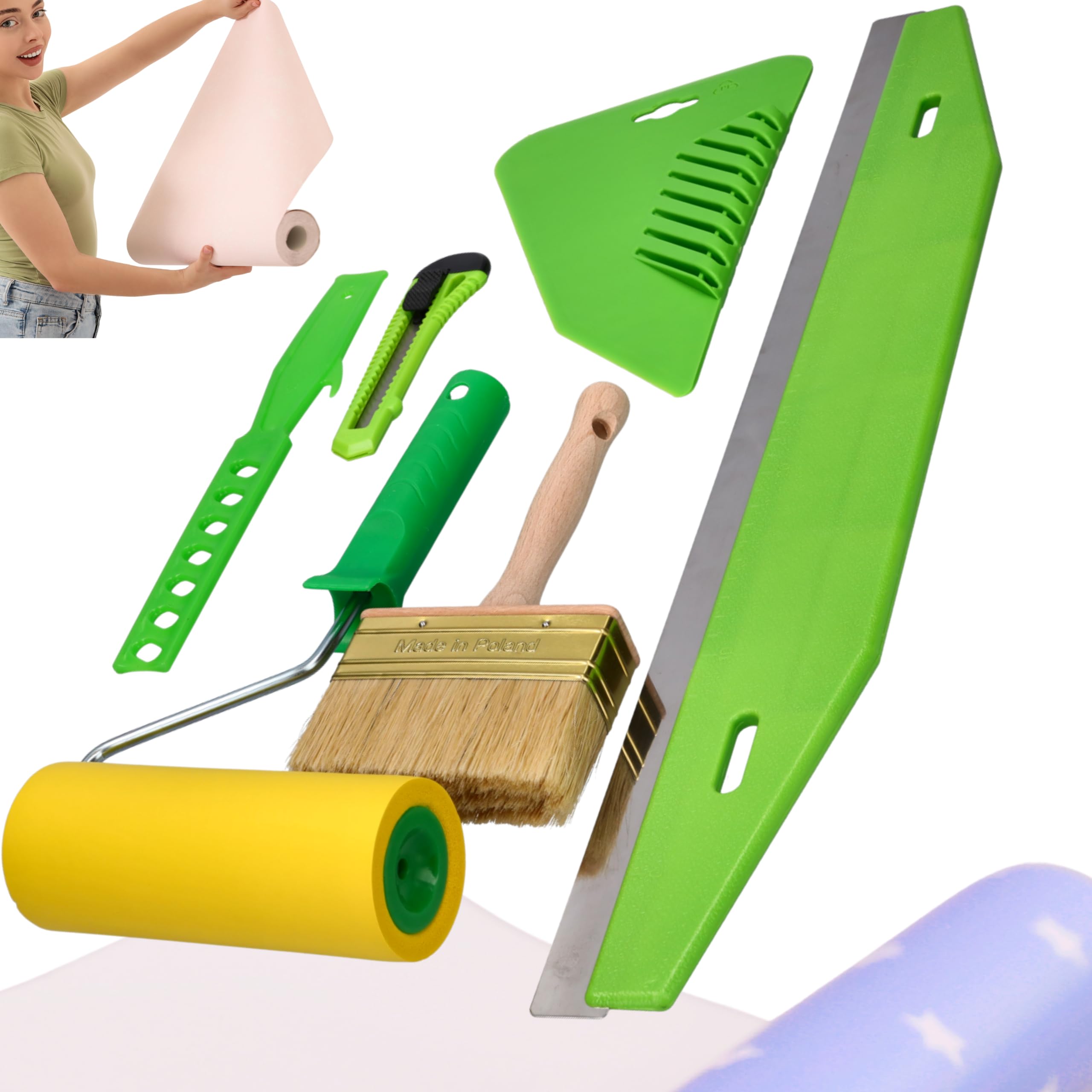 ToolSpace Kit Completo Empapelado 6 Piezas Rodillo Presión Poliuretano Espátula 29 cm Regla Corte 60 cm Tijera Precisión 18 mm Brocha 110 mm Papel Pintado Vinyl No Tejido Textil Pared Profesional