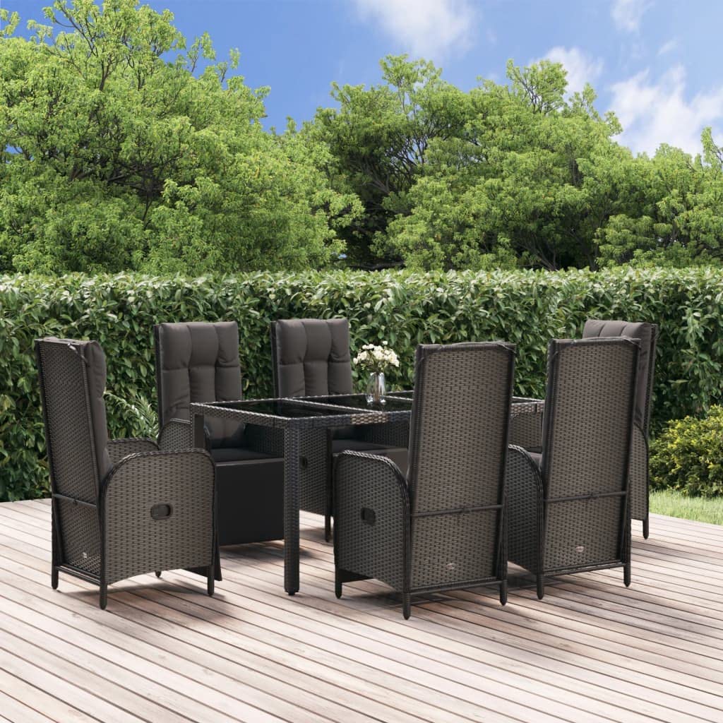 vidaXL Garten Essgruppe 7-TLG., Gartenmöbel Set mit Kissen, Gartengarnitur Tisch 6 Stühle mit Liegefunktion, Sitzgruppe Gartenset, Schwarz Grau Poly Rattan