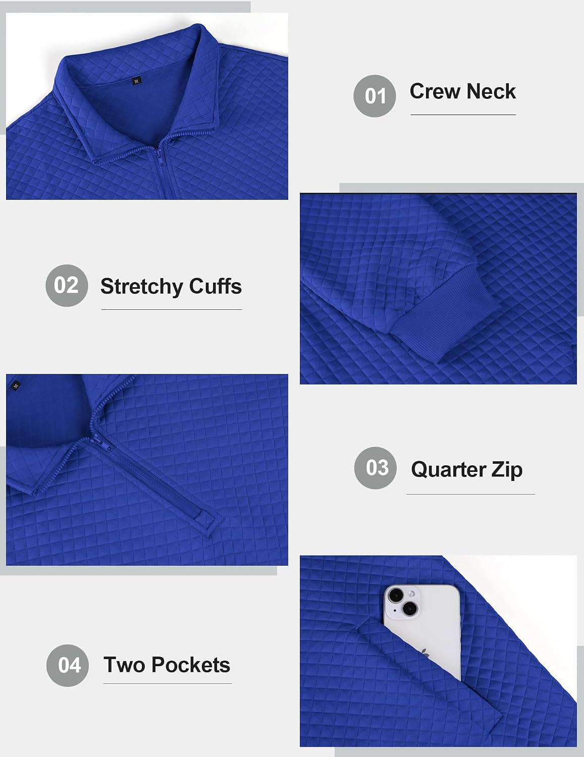 Vssjavun Mens Quarter Zip Pullover Quilted Sweatshirt Long Sleeve Casual Stand Collar Pullovers with Pockets
