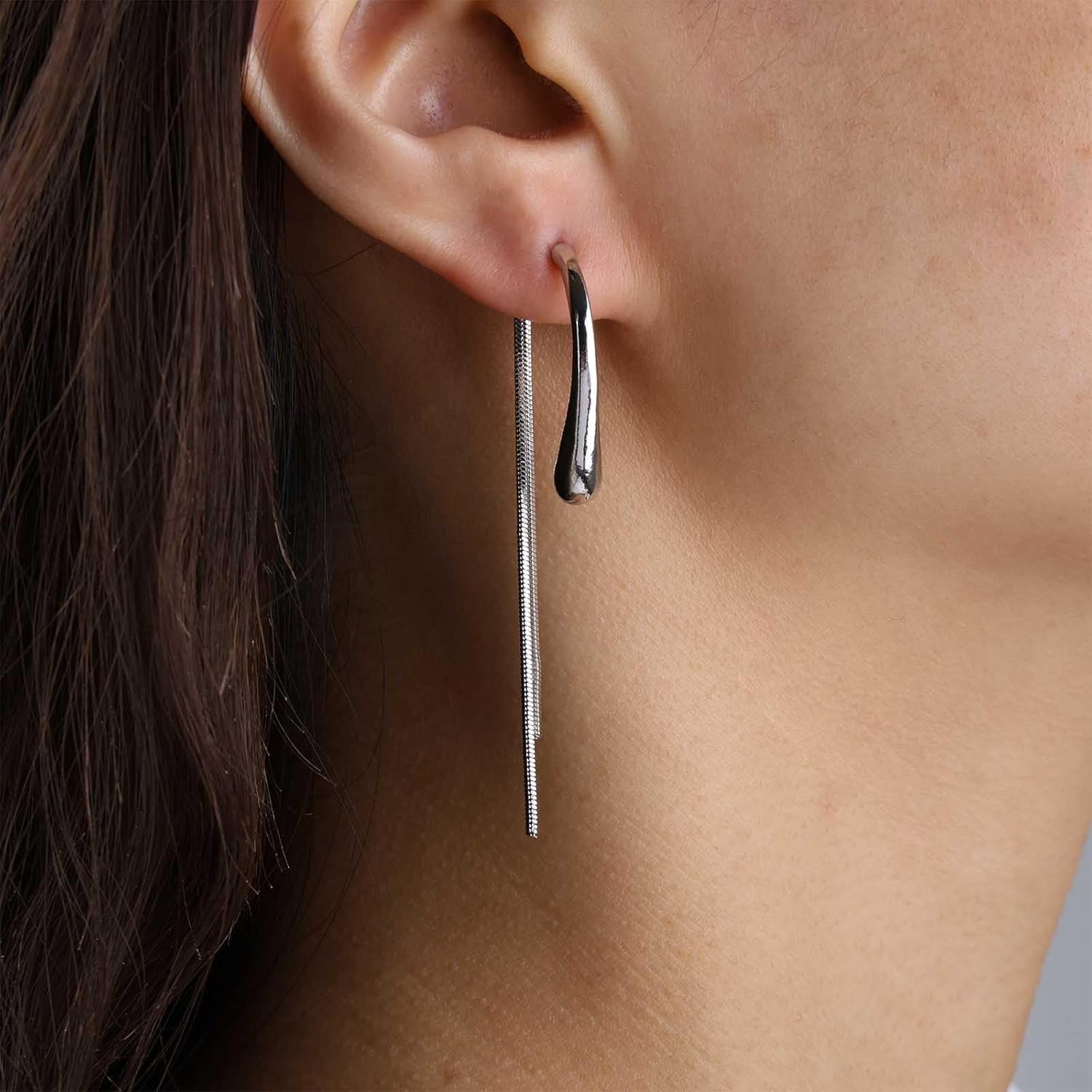 Vintage Silver Teardrop Earrings Waterdrop Stud Earring Snake Chain Tassel Earrings Long Snake Chain Earring Minimal Raindrop Jewelry for Women - Image 5