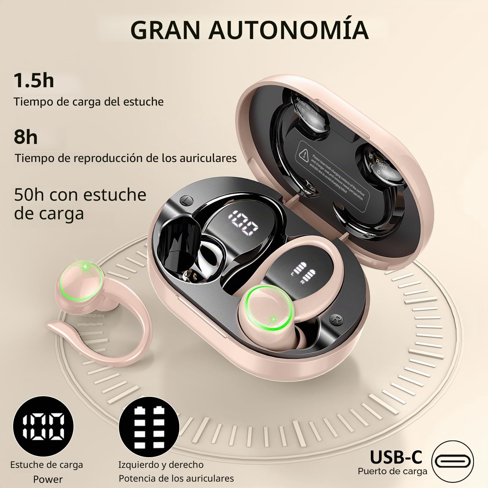 Rolosar Auriculares inalámbricos Deportivos, Auriculares Bluetooth 5.4 HiFi Estéreo con 4 HD Mic, 50H Cascos Inalambricos con Cancelacion Ruido ENC