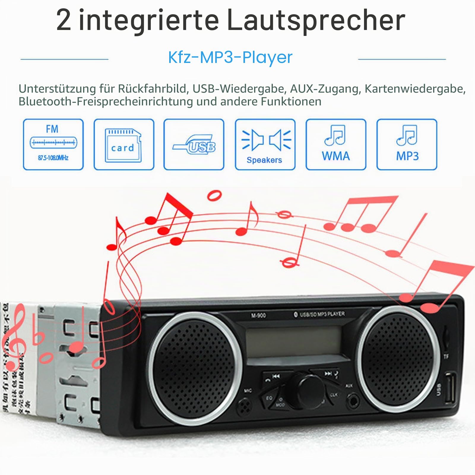 Single Din Auto-Stereo-Bluetooth, 1 DIN 12 V-24 V Autoradio mit zwei eingebauten Lautsprechern, Auto-FM-Audio-Multimedia-Player mit USB-AUX-Eingang, TF-Kartenanschluss