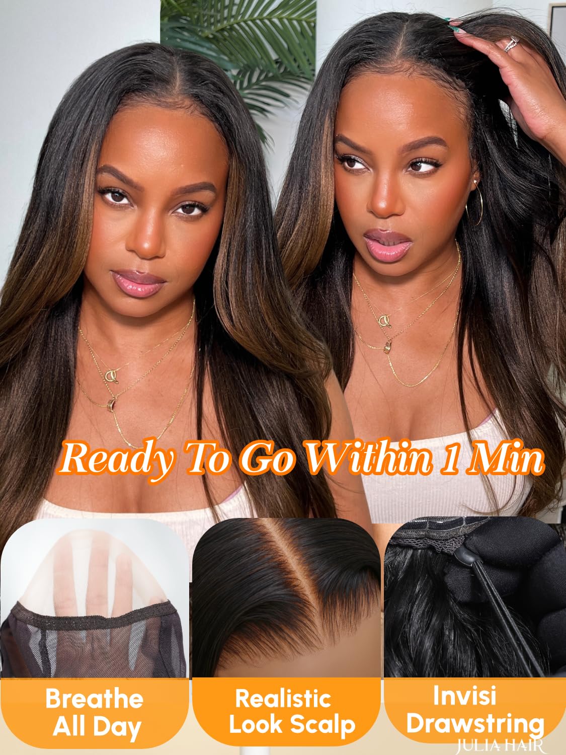 Julia Hair Chestnut Brown Ombre Yaki Straight 7x5 Pre Cut Lace Put On and Go Wig Glueless Human Hair Wigs 16 Inch