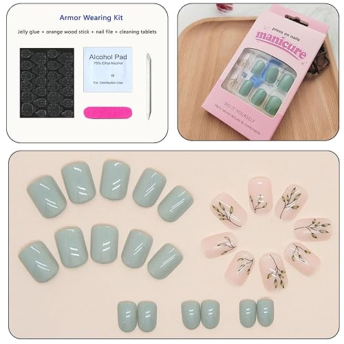 Miniatura 5 de Xenophoer Uñas postizas cortas a presión, cuadradas, de color verde claro, acrílicas, con diseños de hojas, uñas artificiales a presión,