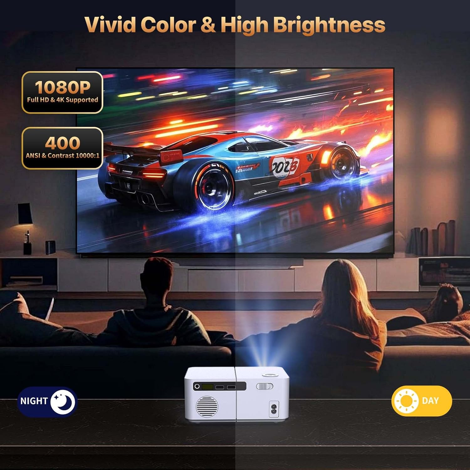 Rear view of the VenirCool P1 Mini Projector showing HDMI, USB, and AV ports.