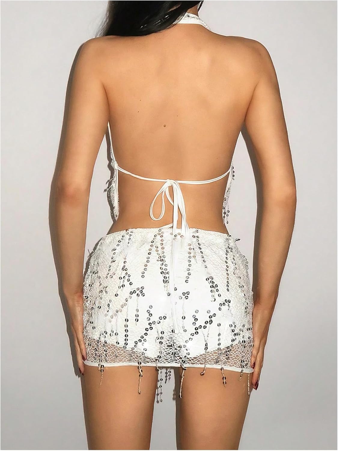 SOLY HUX Women's 2 Piece Party Club Outfit Sequin Tie Backless Sheer Halter Crop Top and Mini Skirt Set - Image 2