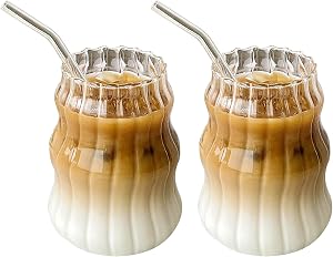 550ml Ribbed Glass Cups with Glass Straws, Set of 2 Gourd Shape Iced Coffee Cups Ribbed Drinking Glasses Vintage Glassware for Cocktail Juice Water Soda Tea