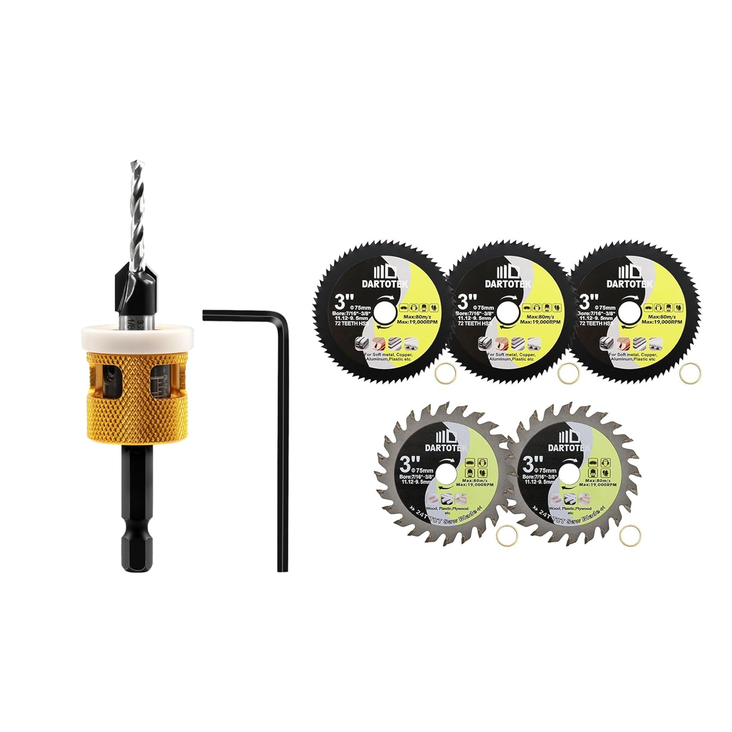 Countersink Drill Bit Set，with Low Friction Depth Stop,1/8"-3/8" HSS M2 Counter Sink Drill Bit for US Wood Screw Adjustable Depth Countersink Drill Bit