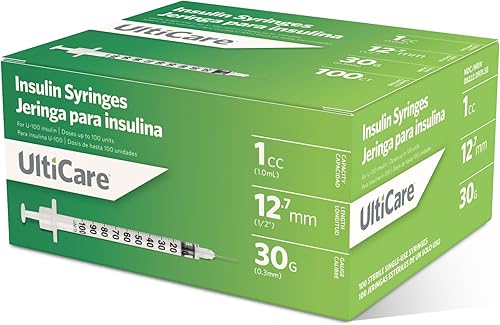 UltiCare Jeringas de insulina U-100, dosificación cómoda y precisa de insulina, compatible con cualquier insulina de fuerza U-100, tamaño 1cc, 30G x
