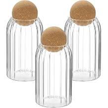 3 PCS Tea Coffee Sugar Canisters Set, 800 ml High Borosilicate Glass Storage Jars with Cork Ball Lids, Ribbed Clear Kitchen Counter Containers Food Organizer Pantry Storage
